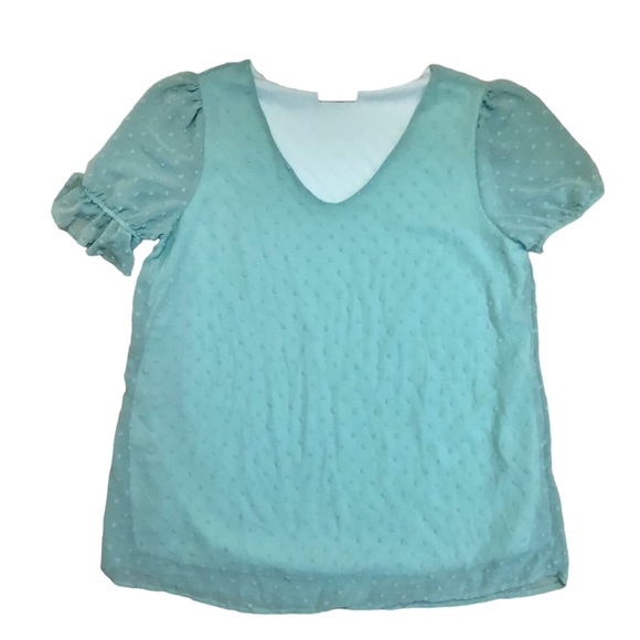 REB. in J. Sea foam green swiss dot v-neck short sleeve blouse, Large - Picture 1 of 6